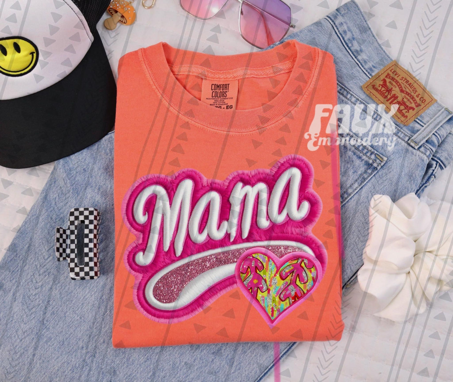 Mama Neon Faux Embroidered Heart Sports (Multiple Options) DTF Transfer
