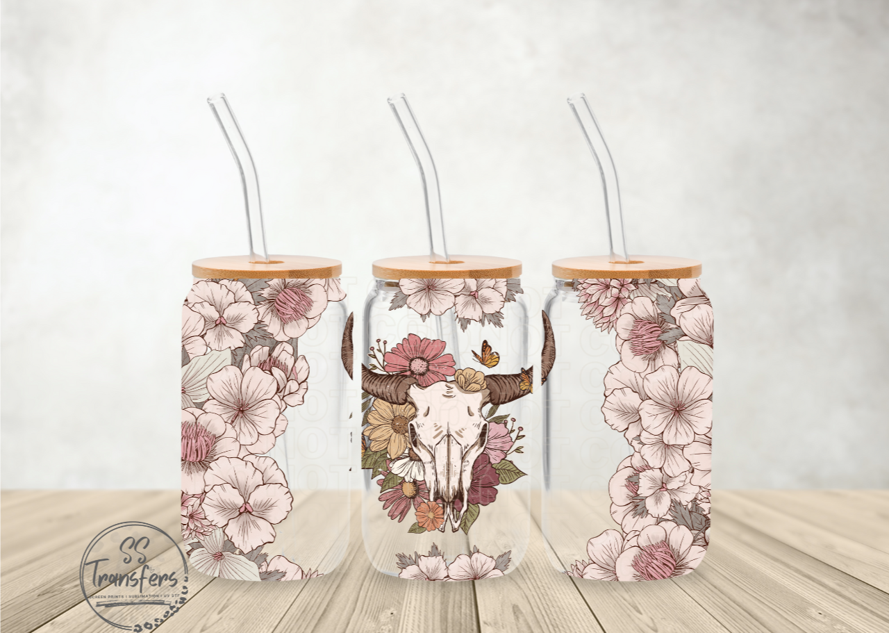 Floral Bull Skull Libbey UV Wrap