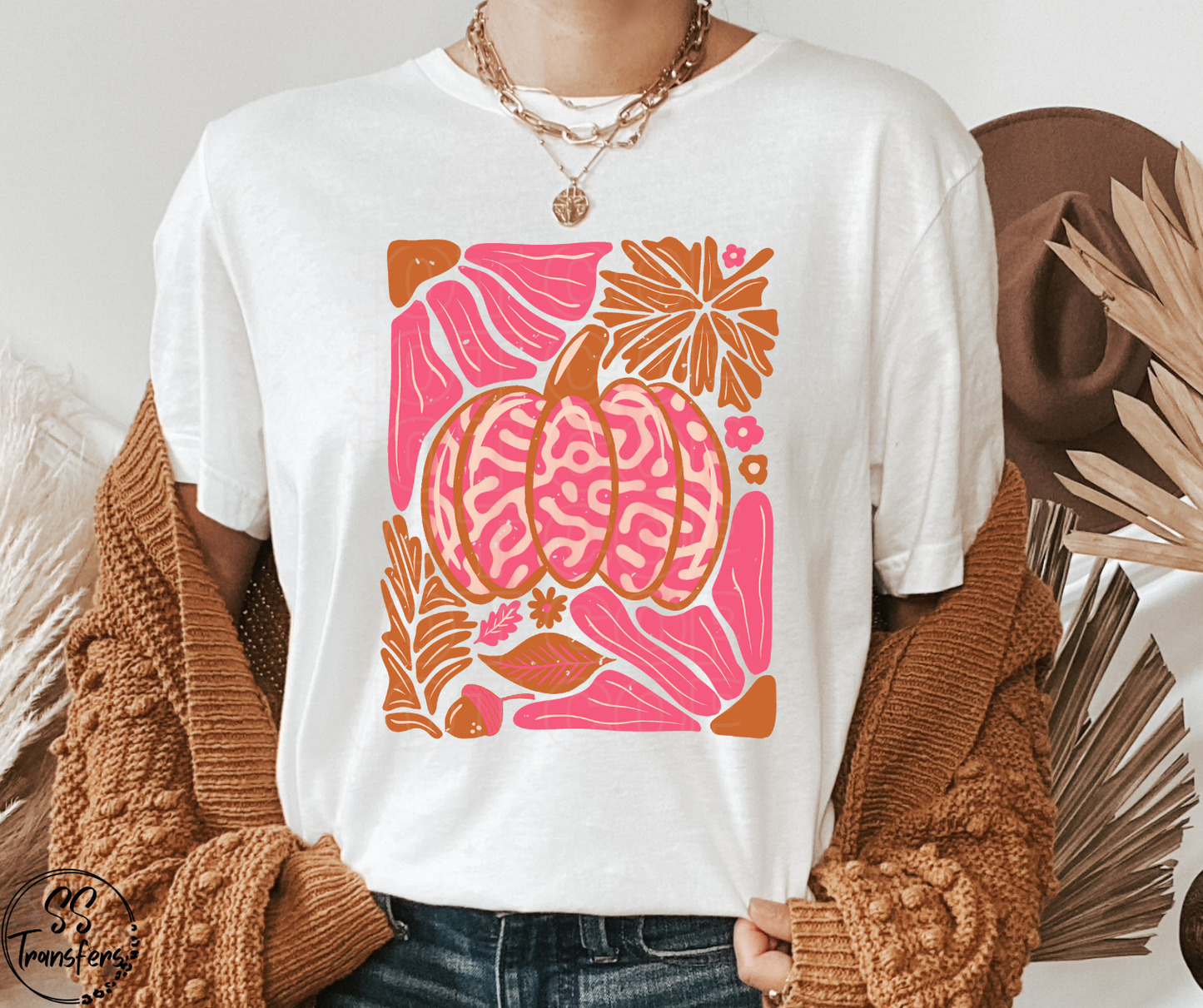 Pink/Rust Floral Pumpkin DTF Transfer