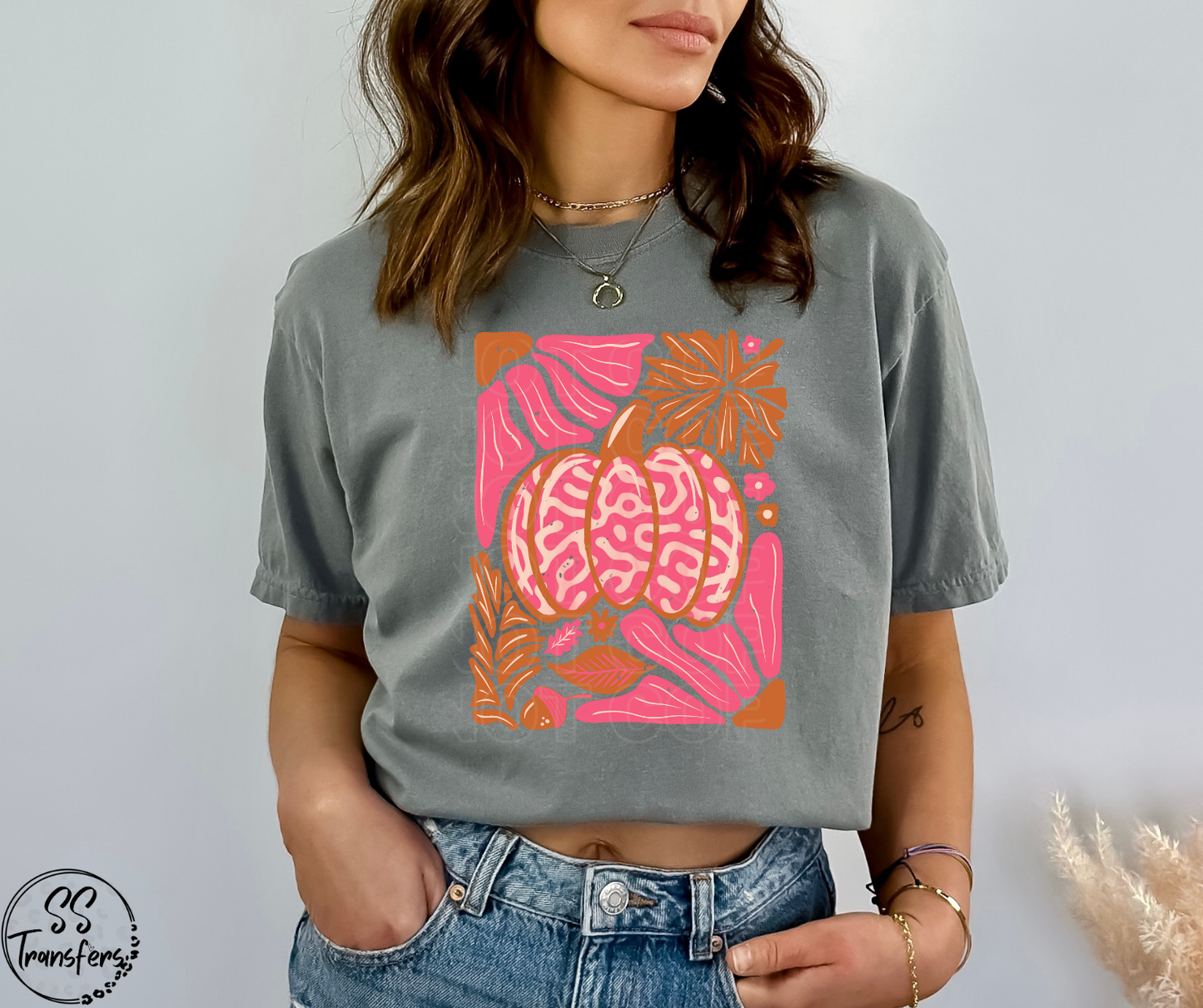 Pink/Rust Floral Pumpkin DTF Transfer