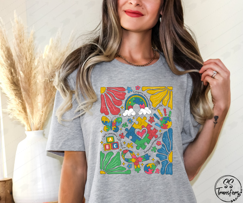 Floral and Puzzle Piece Autism Collage DTF Transfer