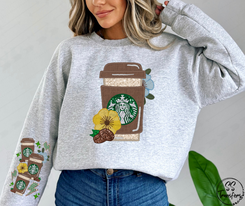 Floral Coffee Faux Embroidered (w/Sleeve Option) DTF Transfer