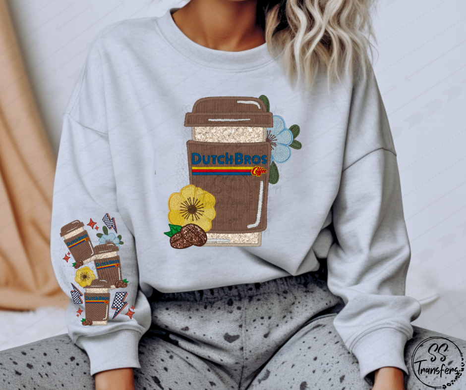 Floral Coffee Faux Embroidered (w/Sleeve Option) DTF Transfer