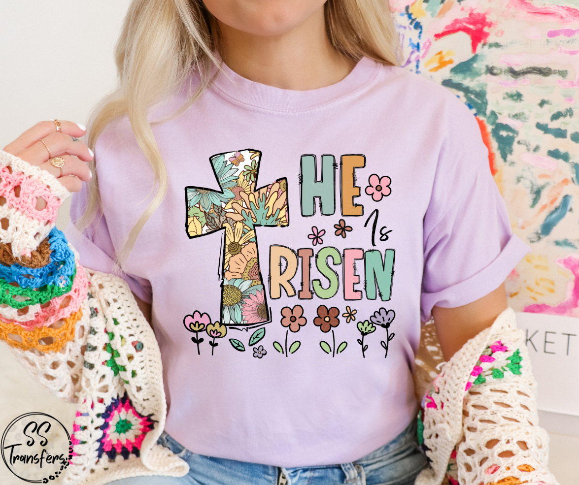 He Is Risen Floral Cross DTF Transfer