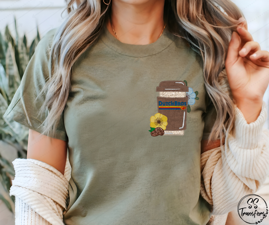 Floral Coffee Faux Embroidered (w/Sleeve Option) DTF Transfer
