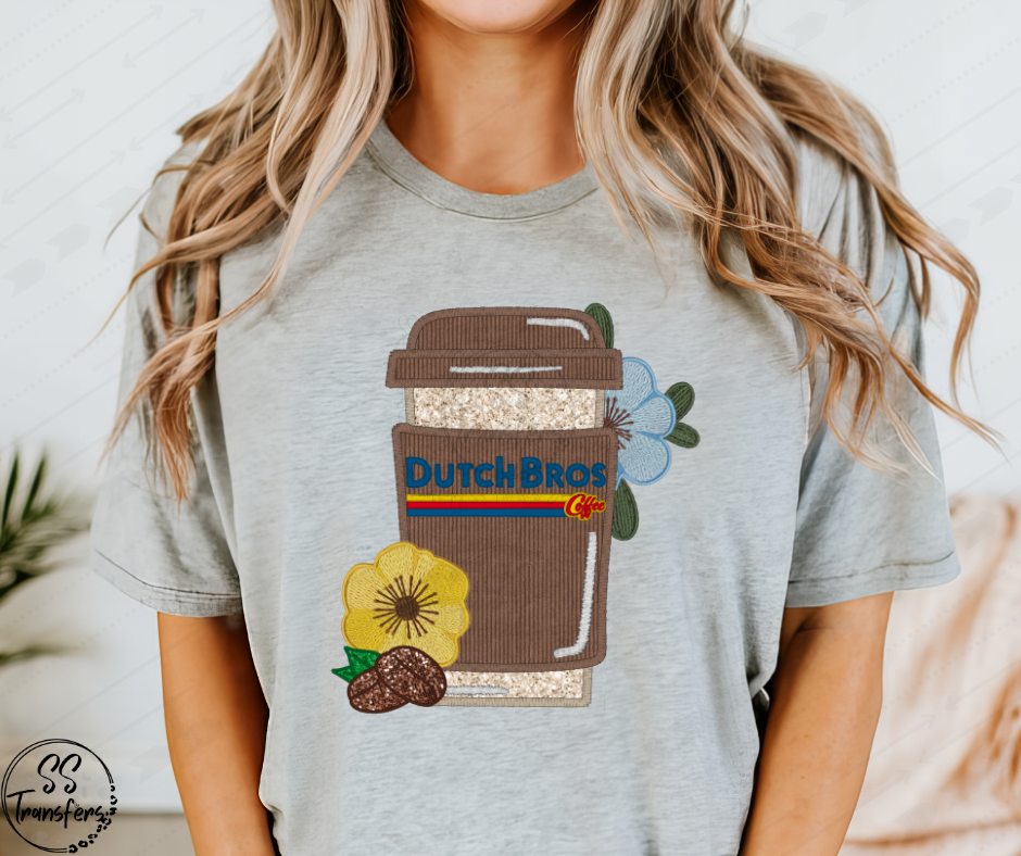 Floral Coffee Faux Embroidered (w/Sleeve Option) DTF Transfer