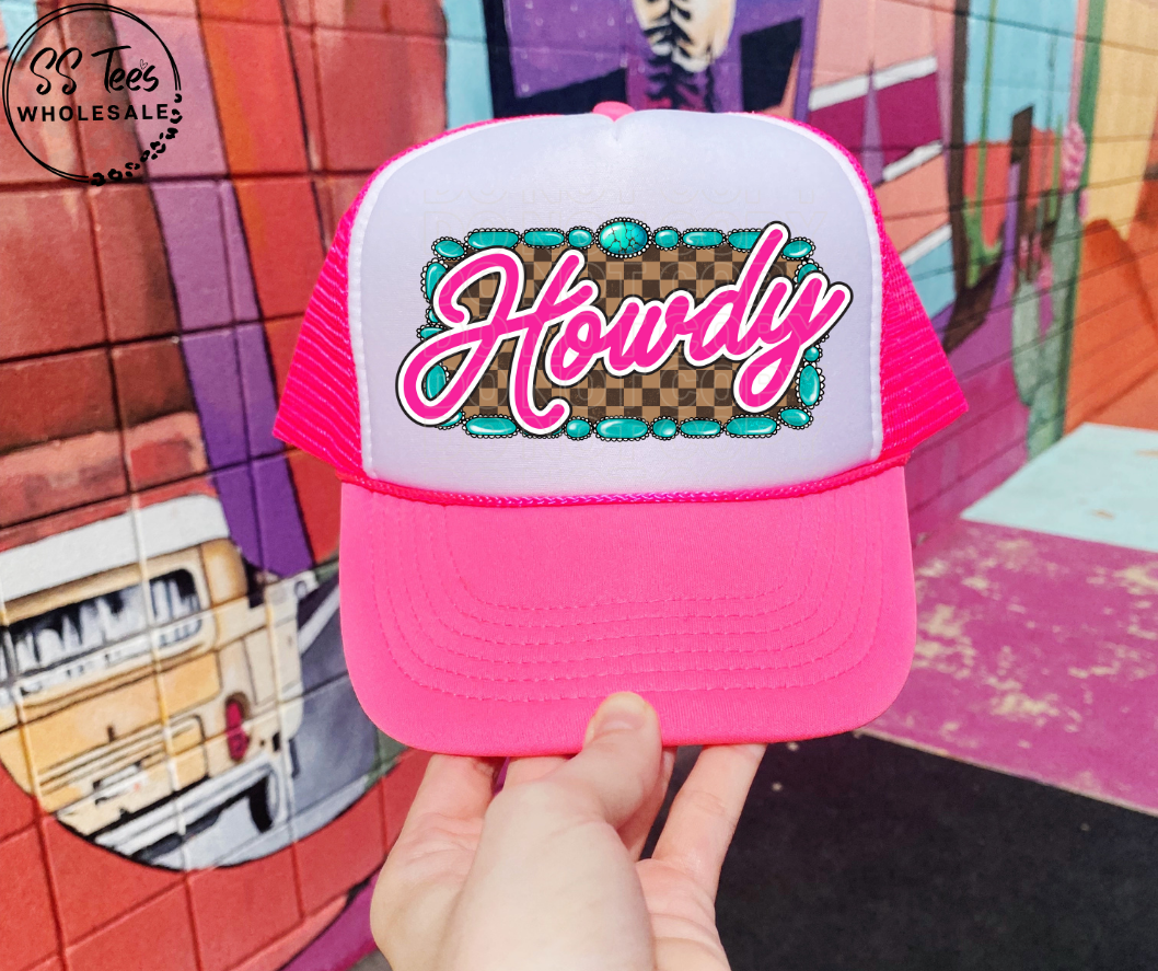 Howdy Turquoise and Checkerboard Hat DTF/Sub Transfer