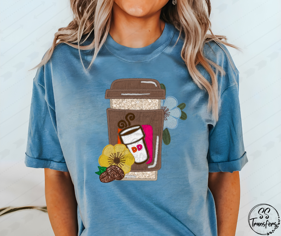 Floral Coffee Faux Embroidered (w/Sleeve Option) DTF Transfer