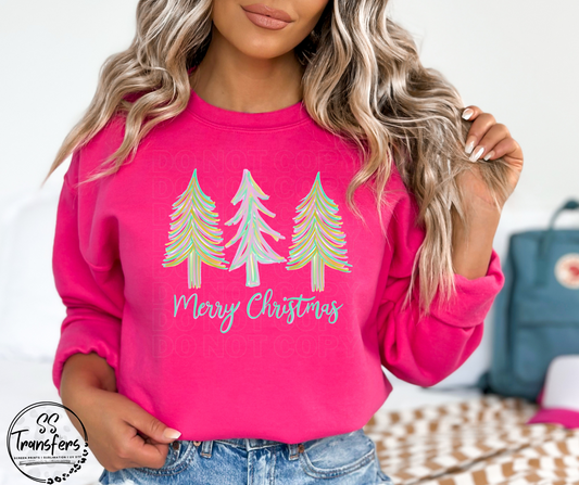 Watercolor Trees Merry Christmas DTF Transfer