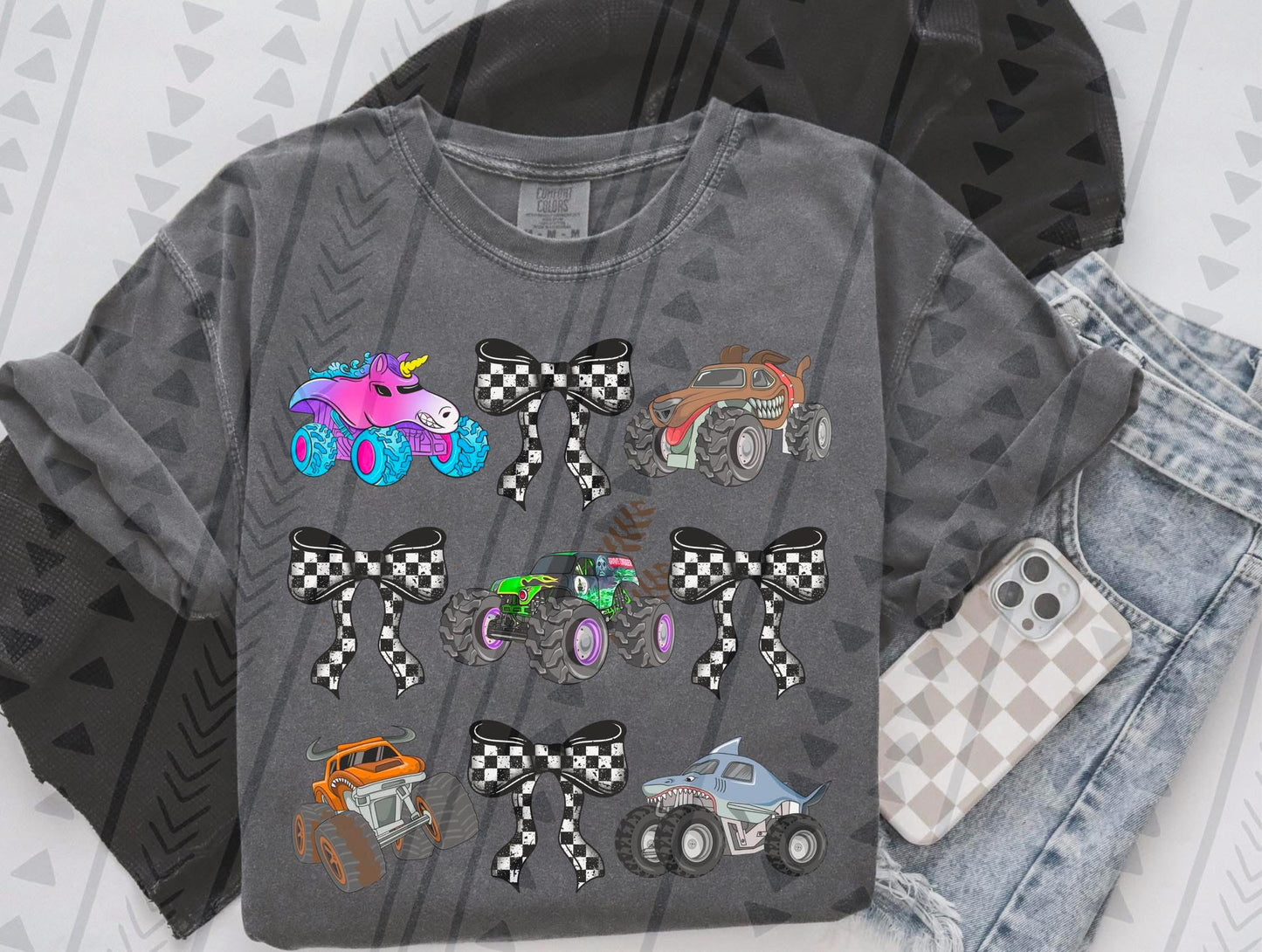 Monster Trucks and Bows DTF Transfer